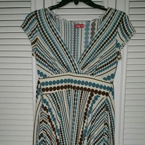 Blue brown circle print v-neck circle skirt dress